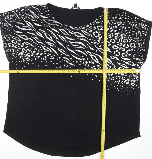 Capsule Womens Black Animal Print Relaxed Fit Crew Neck Blouse Size 16