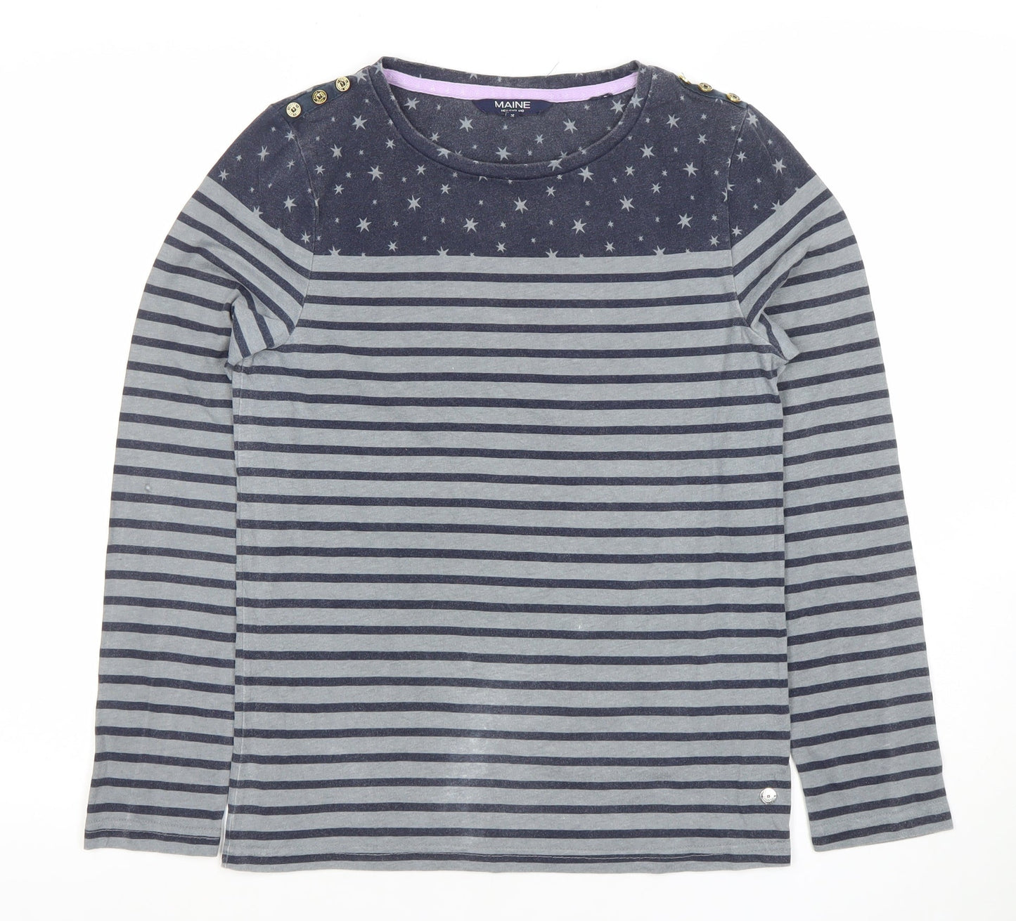 Maine New England Women’s Blue Striped Crew Neck Long Sleeve Cotton Top Size 14