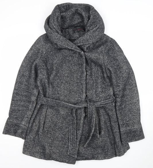 New Look Women’s Grey Wool Blend Belted Hooded Coat Size 12