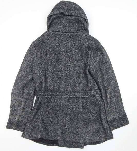 New Look Women’s Grey Wool Blend Belted Hooded Coat Size 12