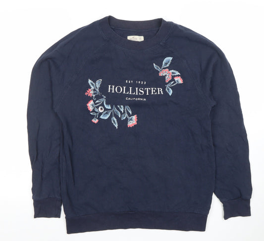 Hollister Women Navy Blue XS Embroidered Logo Crew Neck Sweatshirt