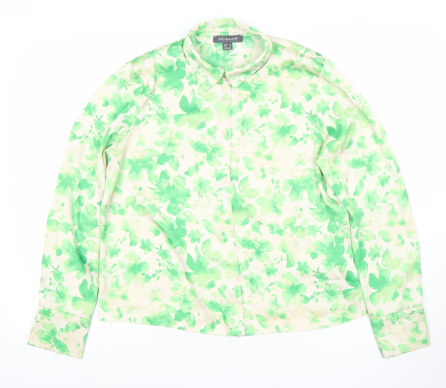 Primark Women Green Floral Button-Up Blouse Size 12 Polyester