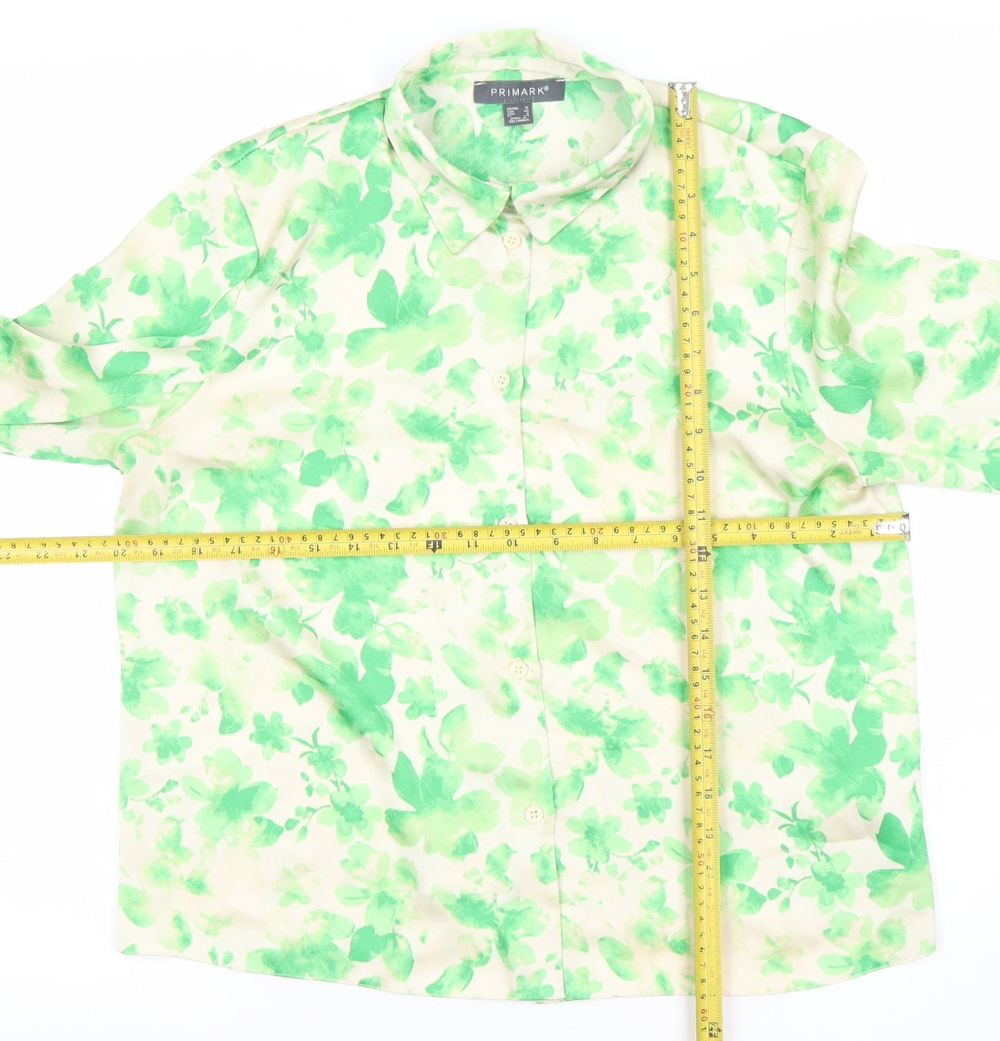 Primark Women Green Floral Button-Up Blouse Size 12 Polyester