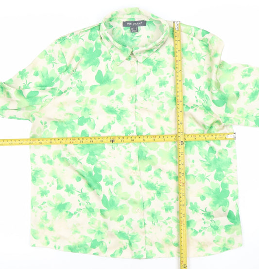 Primark Women Green Floral Button-Up Blouse Size 12 Polyester