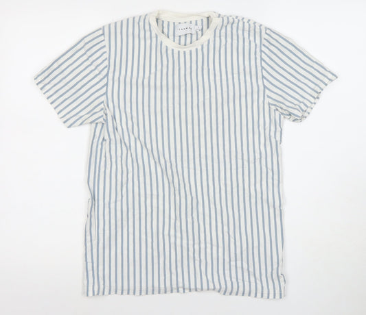 Topman Men's Blue White Striped Cotton Crew Neck T-Shirt Size S