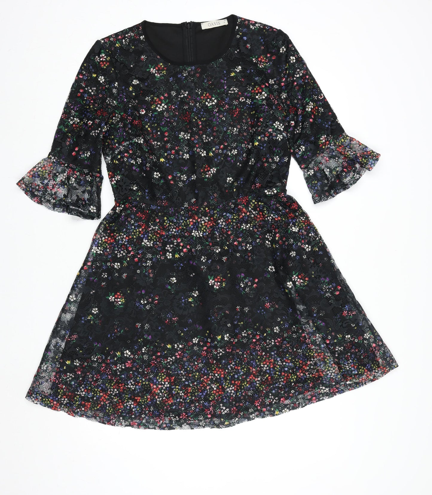 Oasis Women Black Floral Lace Fit & Flare Dress M Knee Length