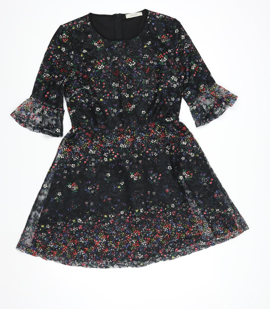 Oasis Women Black Floral Lace Fit & Flare Dress M Knee Length