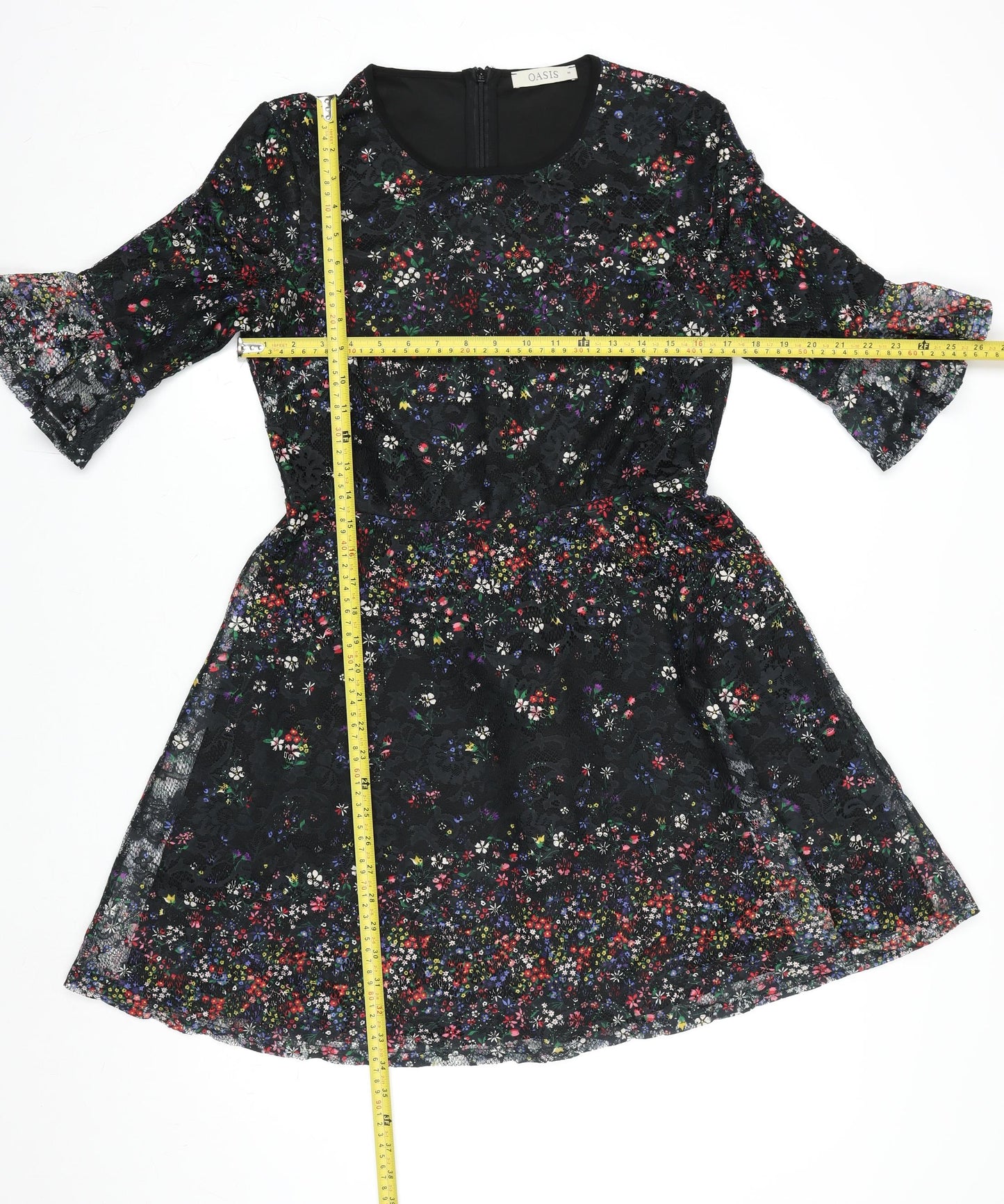 Oasis Women Black Floral Lace Fit & Flare Dress M Knee Length