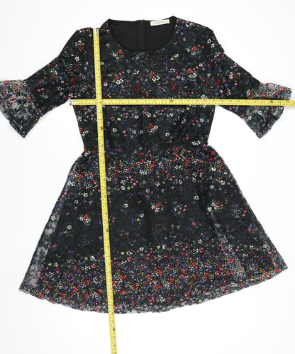 Oasis Women Black Floral Lace Fit & Flare Dress M Knee Length