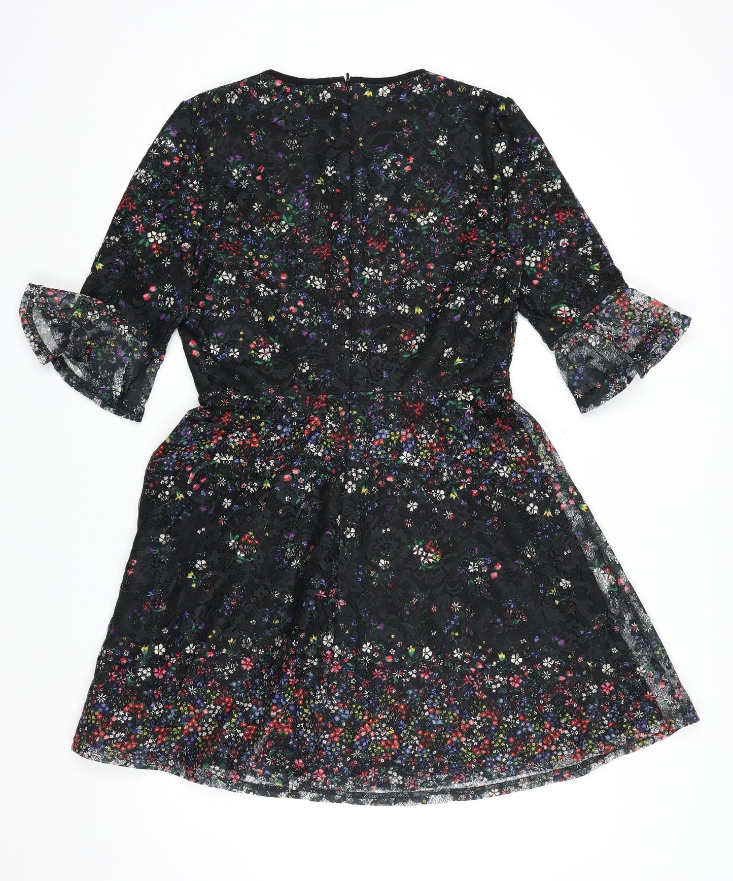 Oasis Women Black Floral Lace Fit & Flare Dress M Knee Length