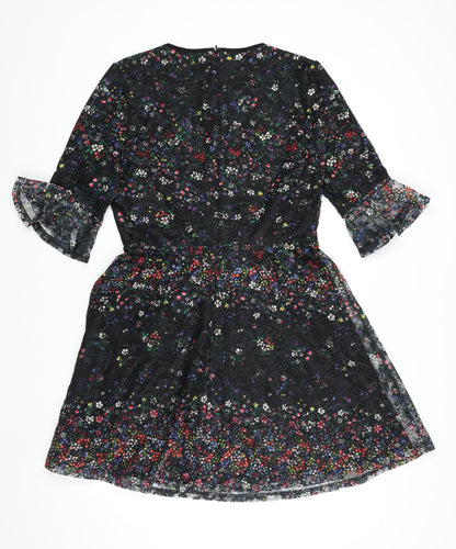 Oasis Women Black Floral Lace Fit & Flare Dress M Knee Length