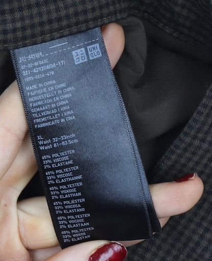 UNIQLO Mens Brown Check Trousers XL Elastic Waist Relaxed Fit