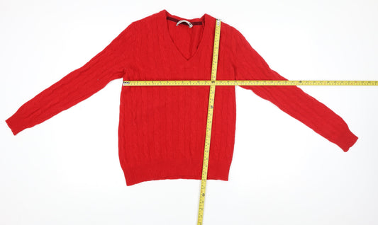 Pringle of Scotland Men's Red Wool Cable-Knit V-Neck Jumper M