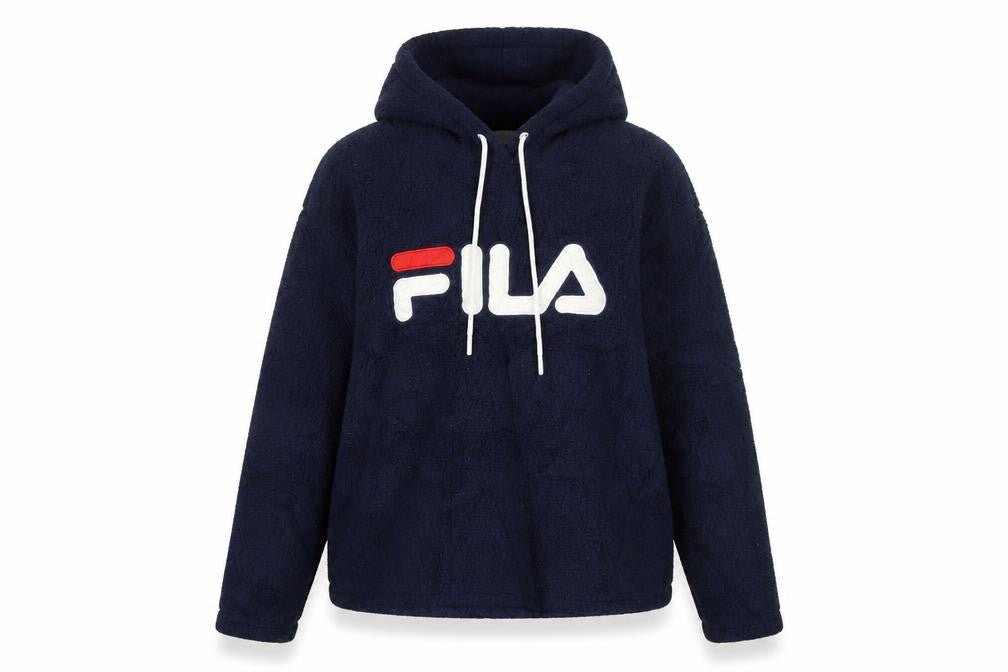 Front view of Fila Women's Navy Blue L Full Zip Hoodie Fleece Logo Sweatshirt