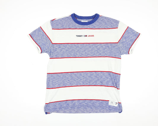 Tommy Jeans Men Blue Striped Cotton Crew Neck T-Shirt Size L