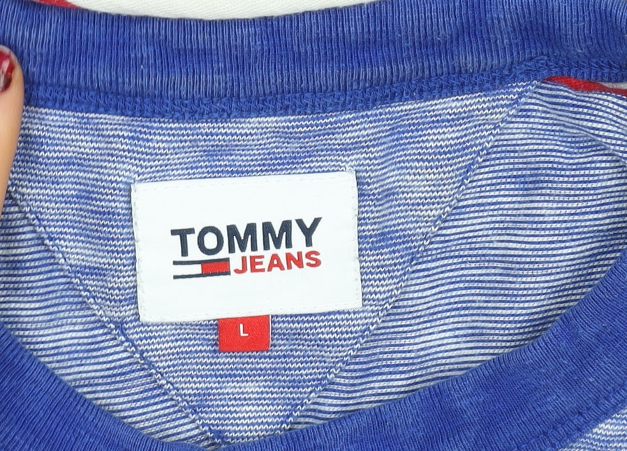Tommy Jeans Men Blue Striped Cotton Crew Neck T-Shirt Size L