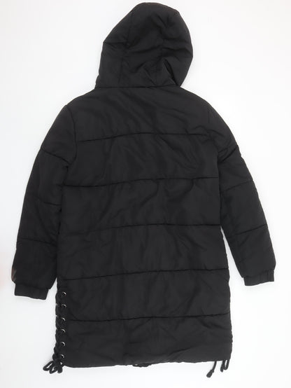 Boohoo Women Black Long Hooded Puffer Coat Size 12