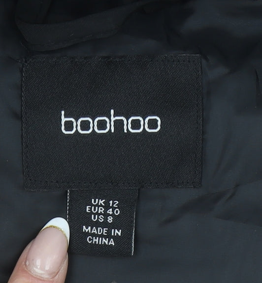 Boohoo Women Black Long Hooded Puffer Coat Size 12