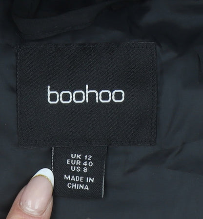 Boohoo Women Black Long Hooded Puffer Coat Size 12