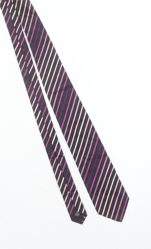 Fellini Men's Black Pink Purple Striped Pure Silk Tie