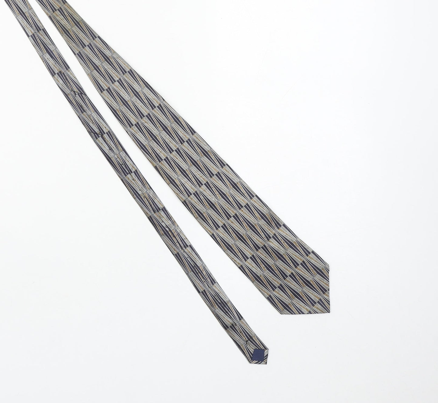 Beisite Men's Beige and Blue Geometric 100% Silk Handmade Tie One Size