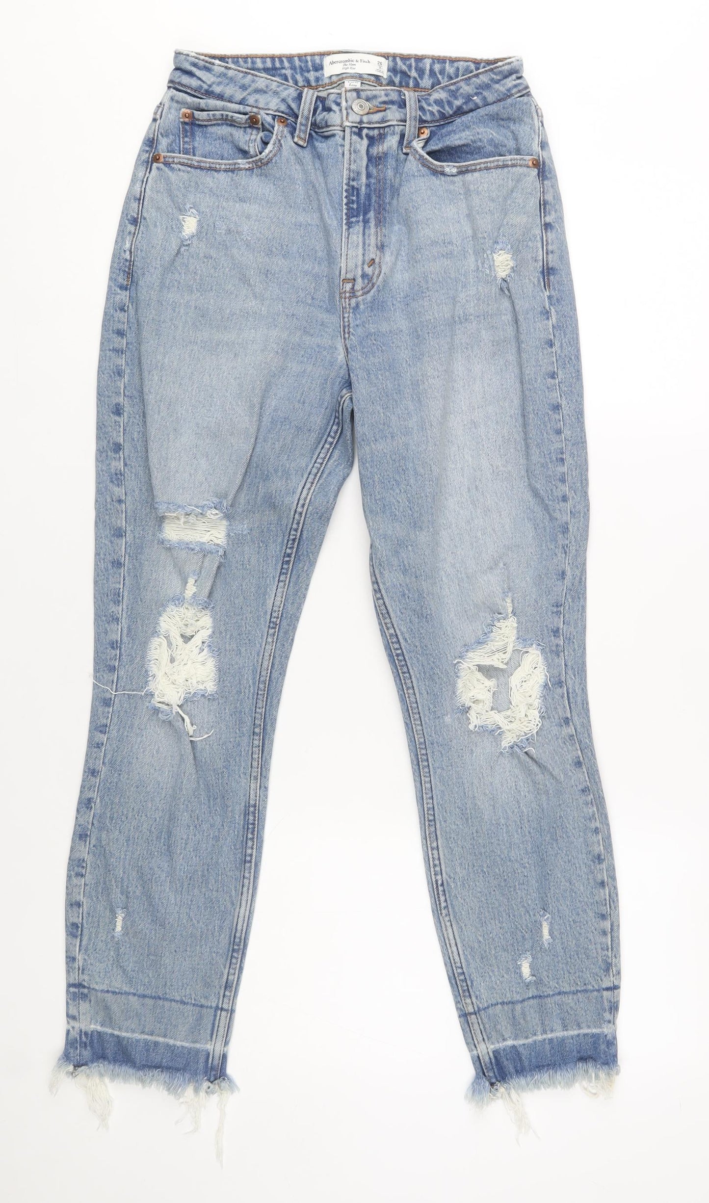 Abercrombie & Fitch Women's Blue High Rise Mom Jeans Size 26 Distressed Denim