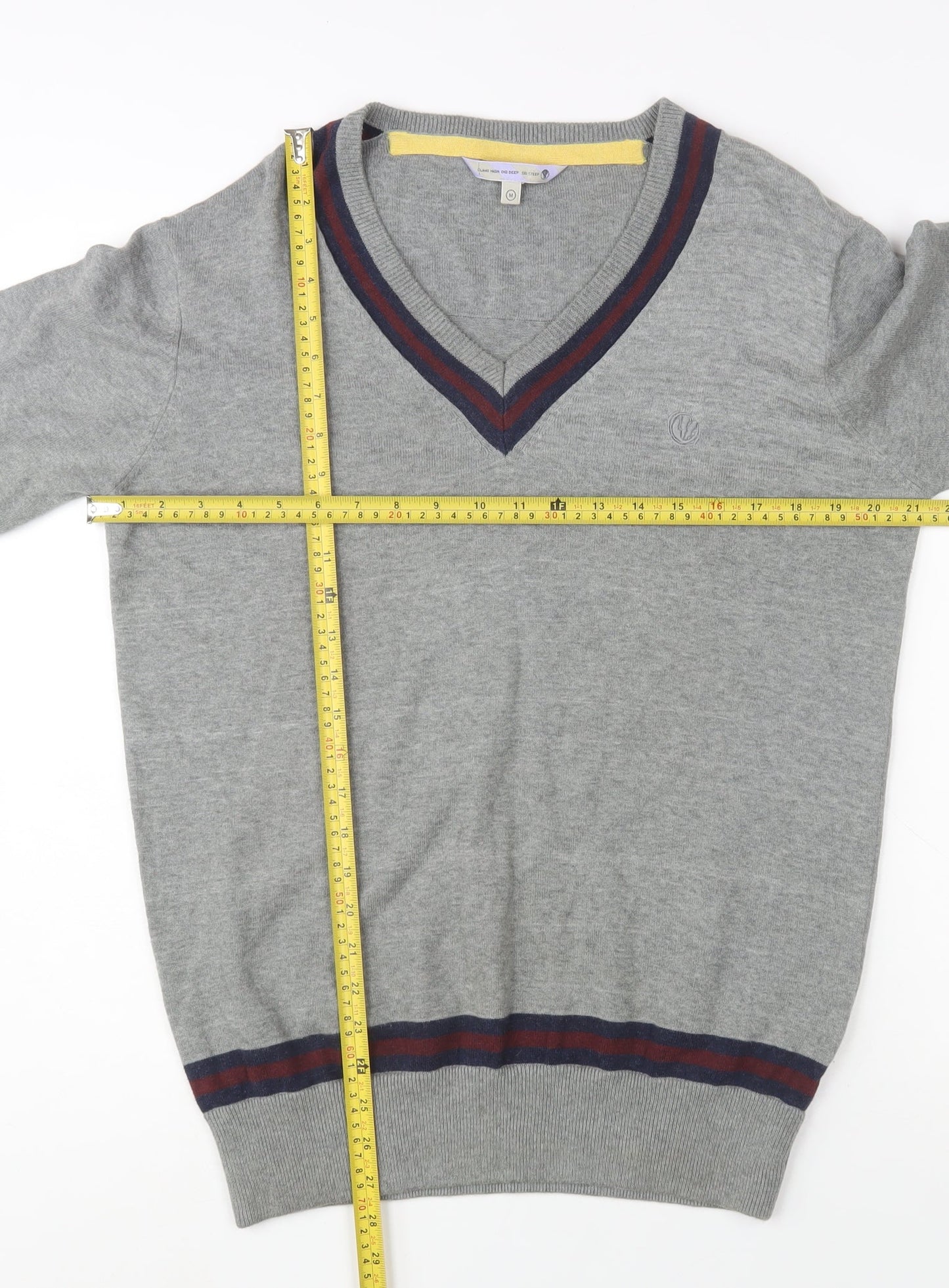 Rule The Way Grey Cotton V-Neck Jumper Men M Classic Knitwear