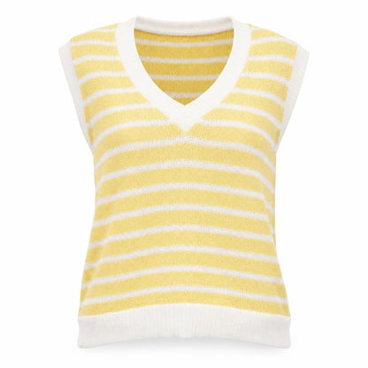 Zara Women Yellow Striped V-Neck Knit Sleeveless Vest S