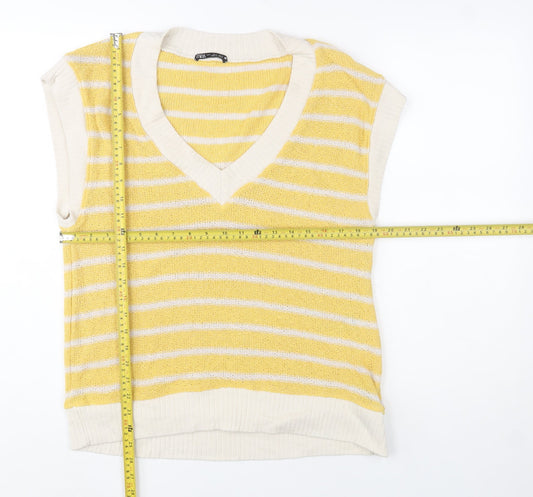 Zara Women Yellow Striped V-Neck Knit Sleeveless Vest S