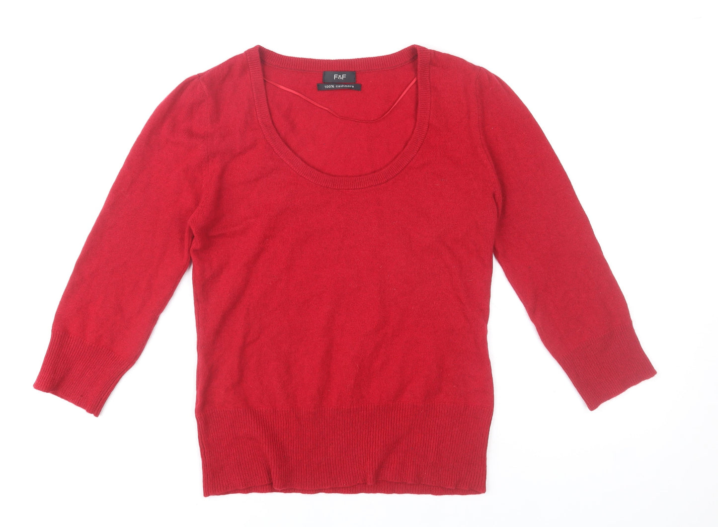 F&F Womens Red 100% Cashmere 3/4 Sleeve Scoop Neck Jumper Size 12