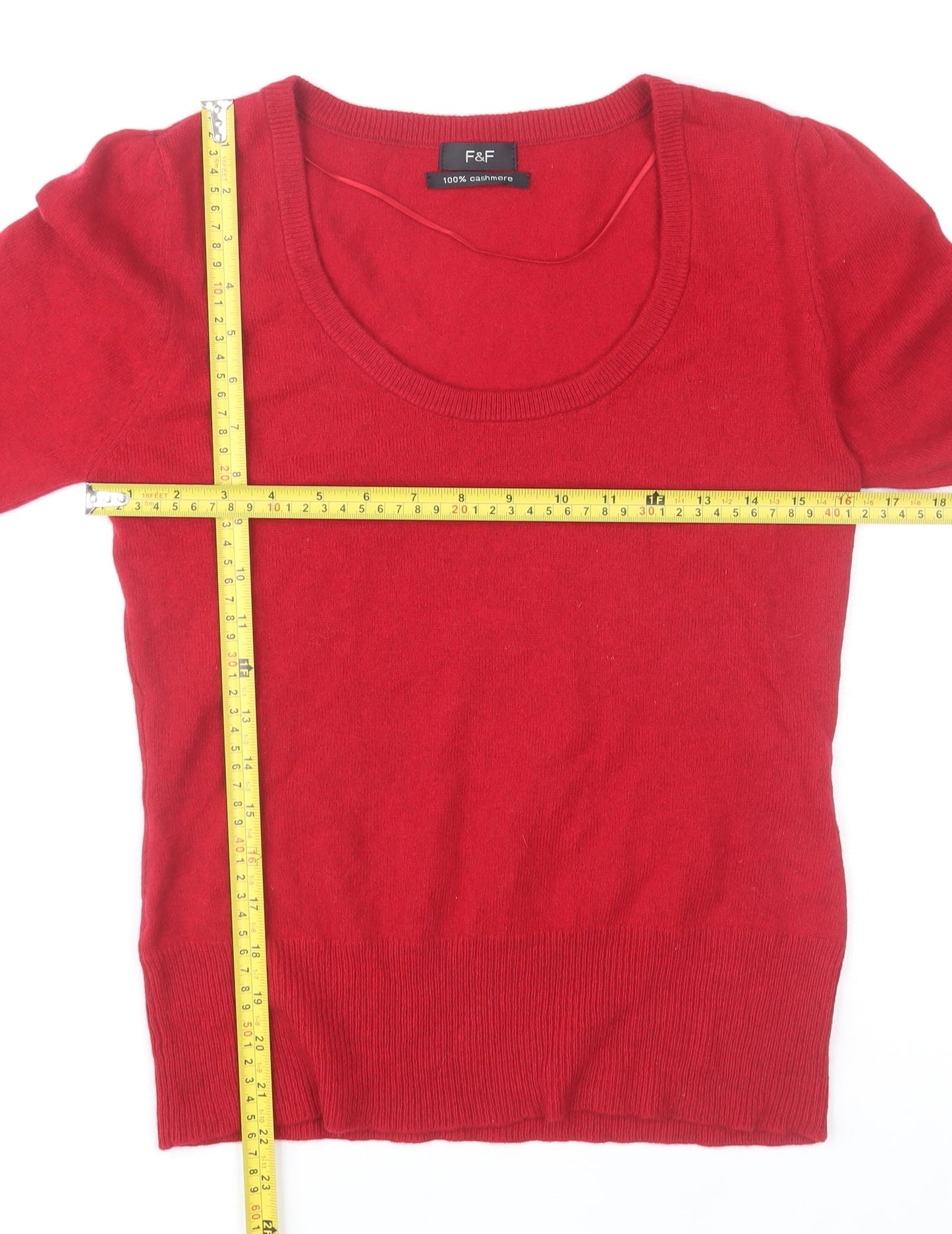 F&F Womens Red 100% Cashmere 3/4 Sleeve Scoop Neck Jumper Size 12