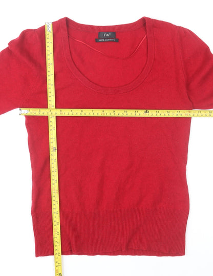 F&F Womens Red 100% Cashmere 3/4 Sleeve Scoop Neck Jumper Size 12