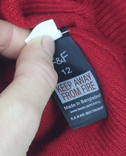 F&F Womens Red 100% Cashmere 3/4 Sleeve Scoop Neck Jumper Size 12