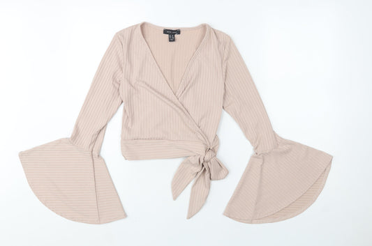 Womens UK Size 10 New Look Beige Wrap Blouse
