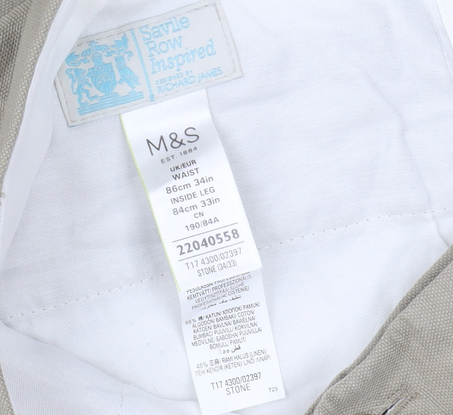 Marks and Spencer Men's Beige Linen Cotton Chino Trousers 34L