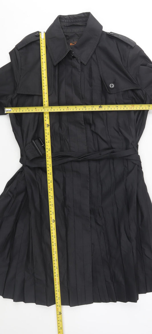 Ben Sherman Women's Black Cotton Trench Coat S Belted Pleated Long