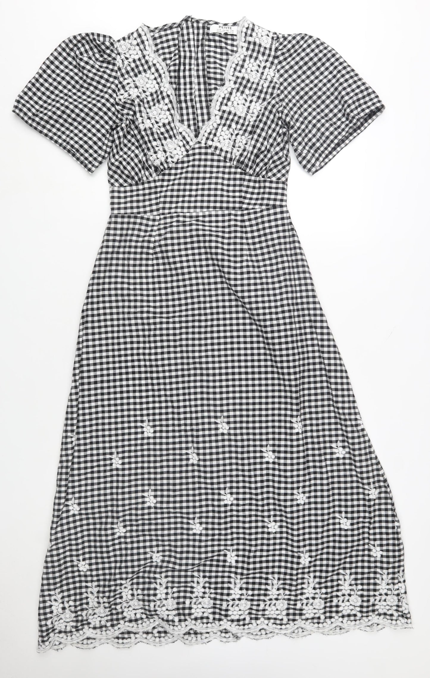 Dorothy Perkins Petite Black Check Embroidered Midi A-Line Dress Size 10