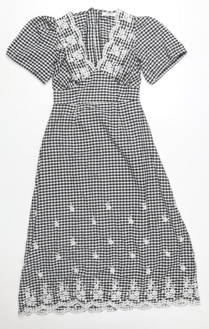 Dorothy Perkins Petite Black Check Embroidered Midi A-Line Dress Size 10