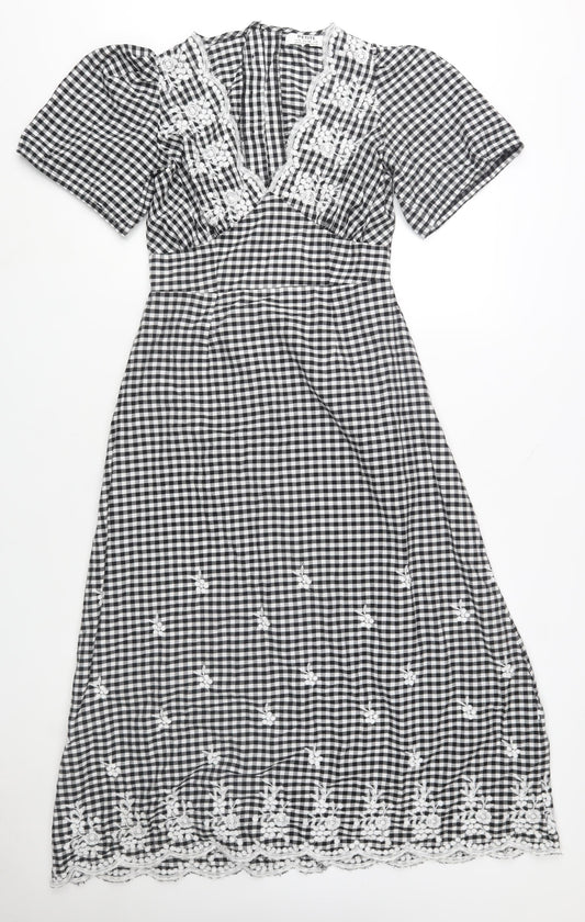 Dorothy Perkins Petite Black Check Embroidered Midi A-Line Dress Size 10