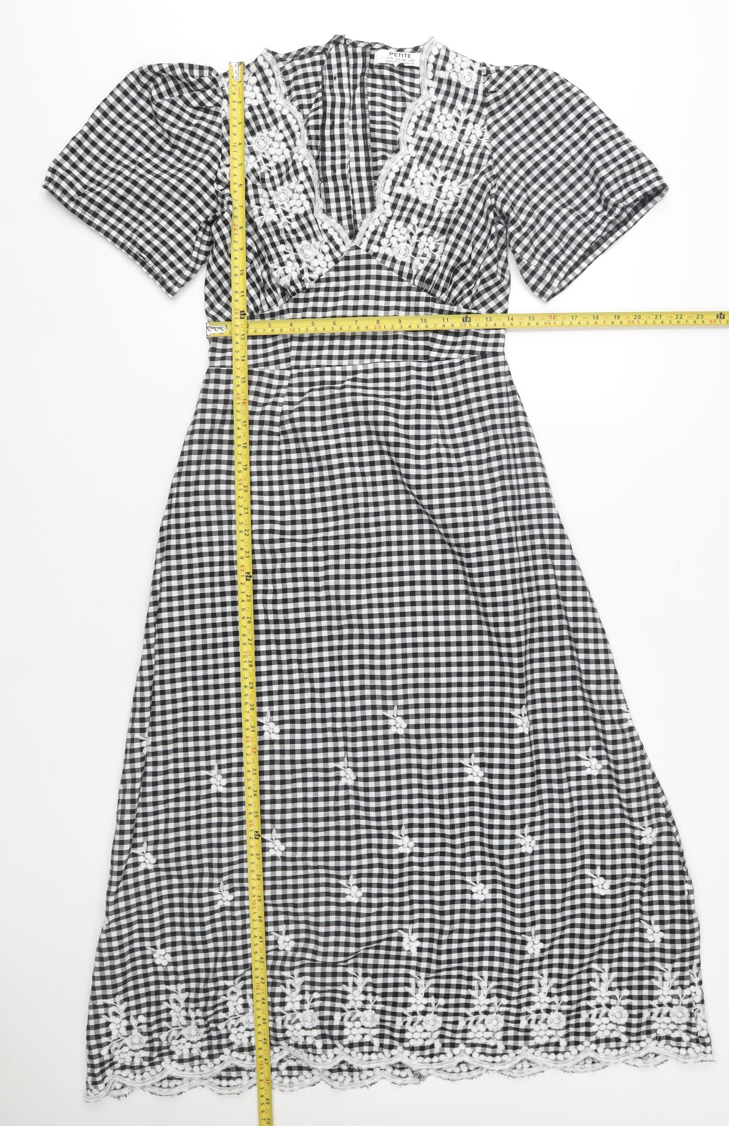 Dorothy Perkins Petite Black Check Embroidered Midi A-Line Dress Size 10