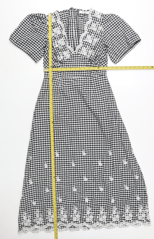 Dorothy Perkins Petite Black Check Embroidered Midi A-Line Dress Size 10