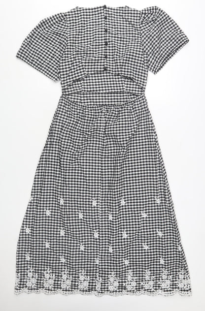 Dorothy Perkins Petite Black Check Embroidered Midi A-Line Dress Size 10