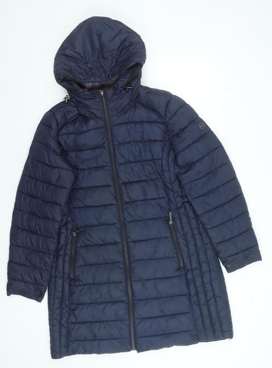 Michael Kors Women's Blue Hooded Packable Long Puffer Coat L