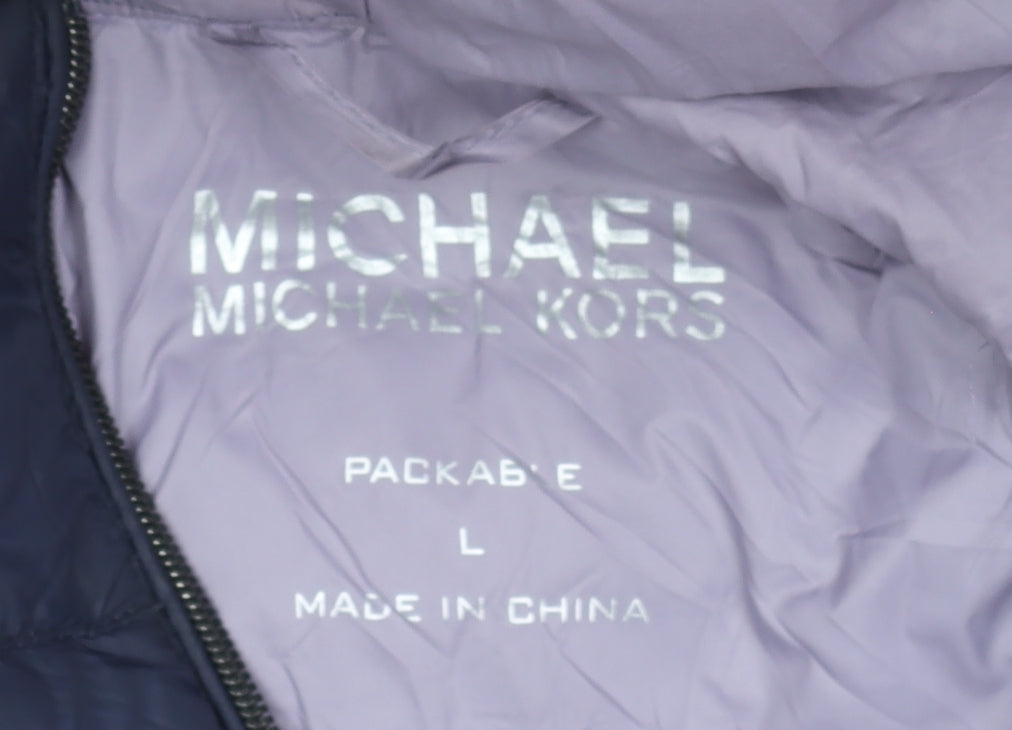 Michael Kors Women's Blue Hooded Packable Long Puffer Coat L