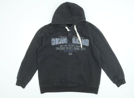 XSIDE Mens Black XL Henley Hoodie with Chicago Blues Graphic