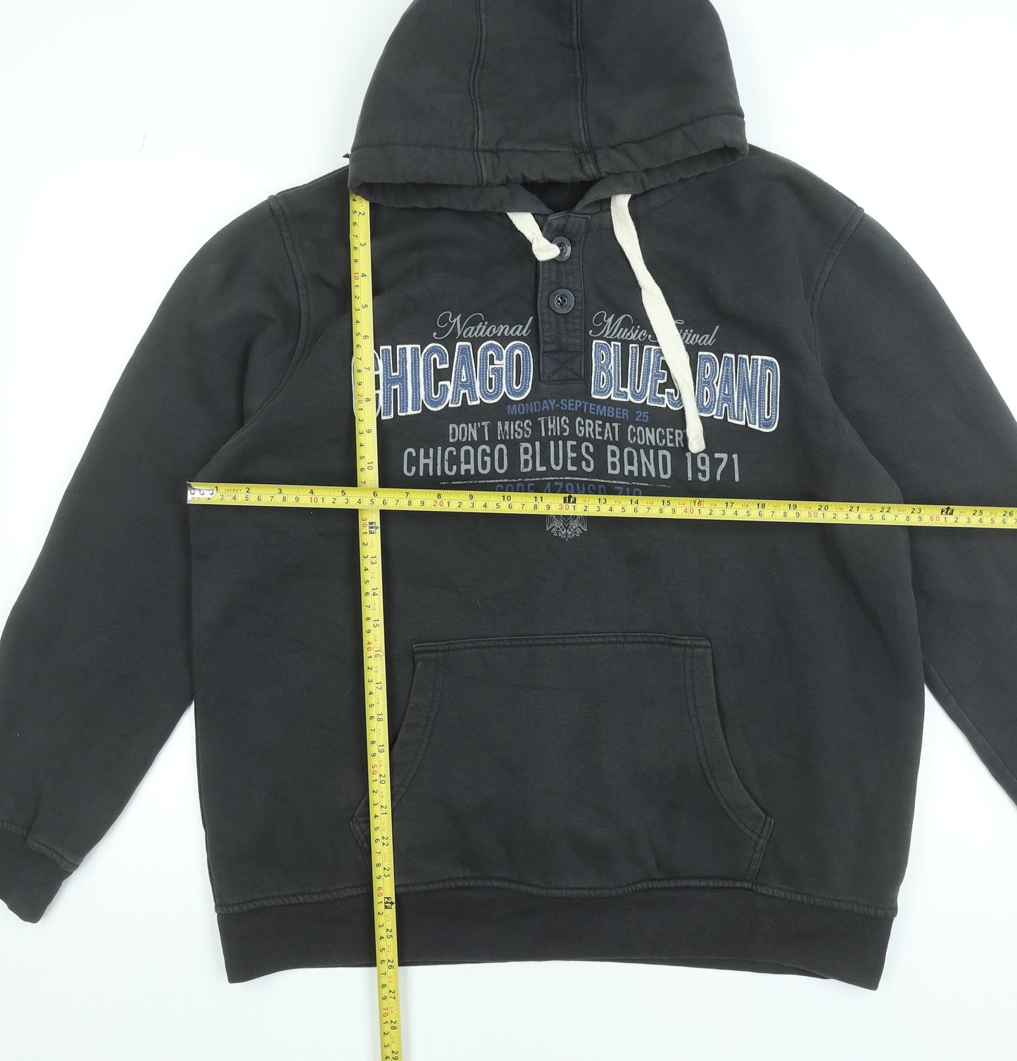 XSIDE Mens Black XL Henley Hoodie with Chicago Blues Graphic