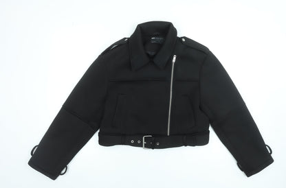 ASOS DESIGN Womens Black Size 8 Cropped Biker Jacket with Belt