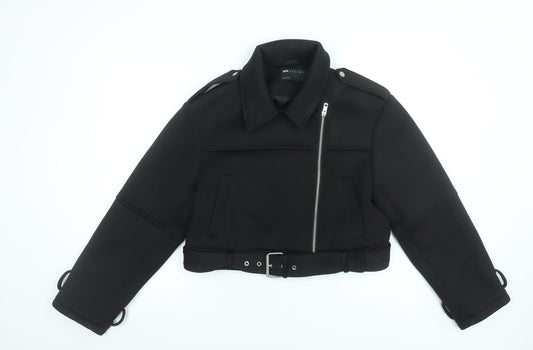 ASOS DESIGN Womens Black Size 8 Cropped Biker Jacket with Belt