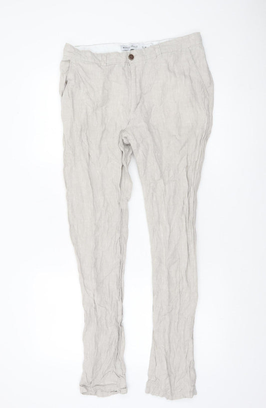 Denim Co. Men's Beige Linen Slim Fit Chino Trousers W33 L32