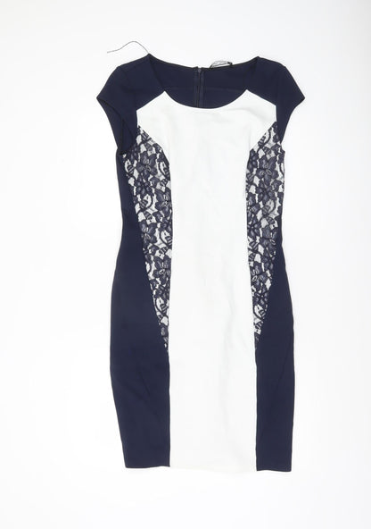 Betty Barclay Women Blue White Colourblock Lace Bodycon Dress Size 14